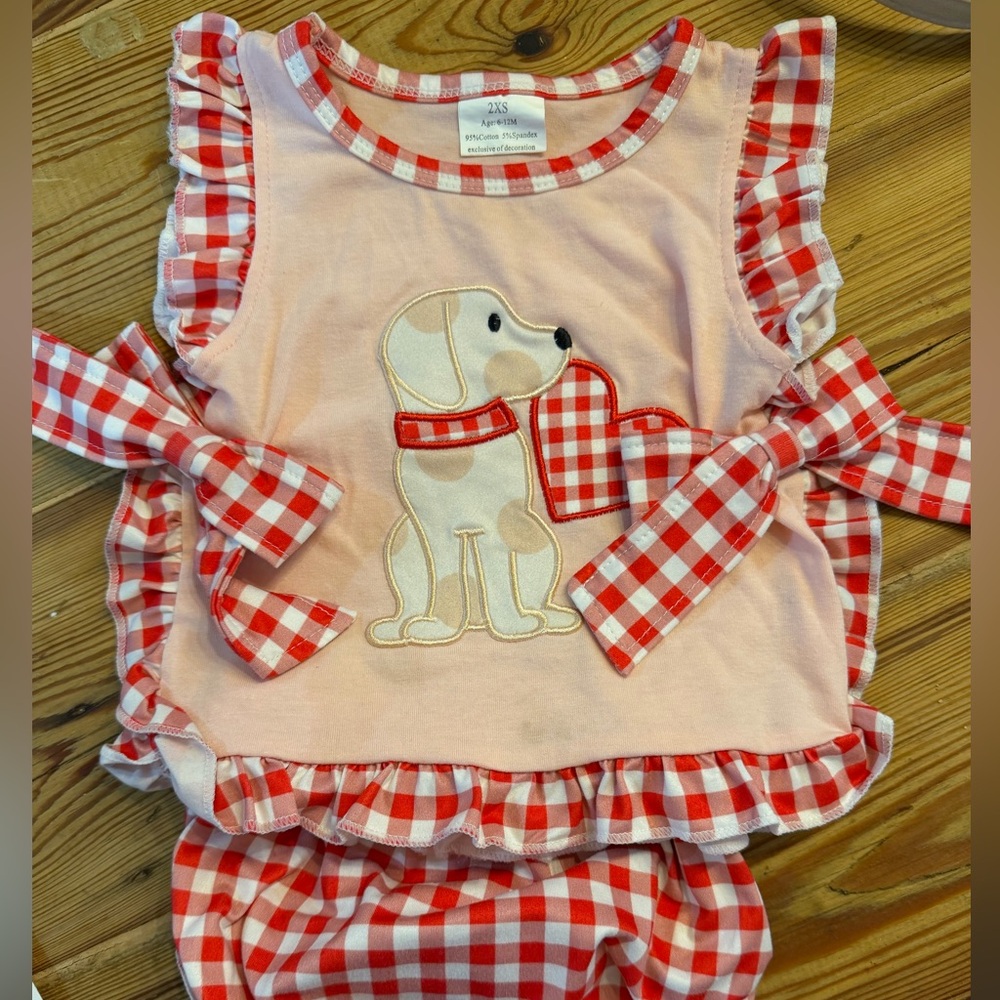 Pink and Red Gingham Baby Outfit with Dog Design